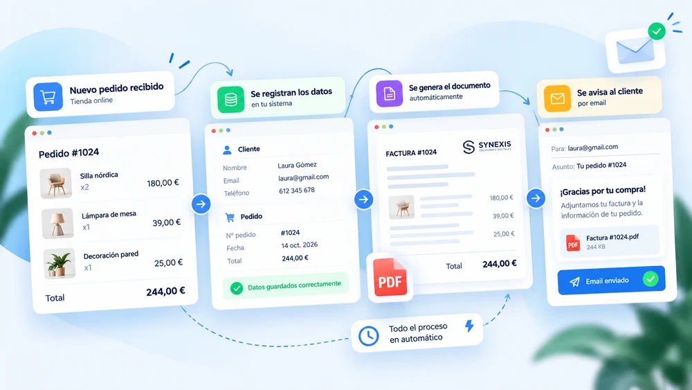Ejemplo conceptual de un pedido que se registra, genera un documento y avisa al cliente
