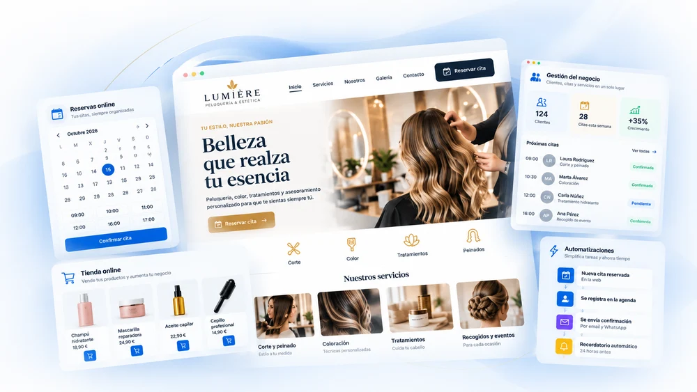 Ejemplo conceptual de una web de belleza conectada con reservas, tienda y gestión