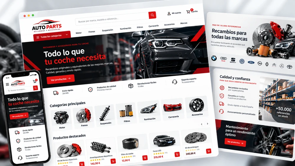 Ejemplo conceptual de tienda online de recambios con catálogo y compra